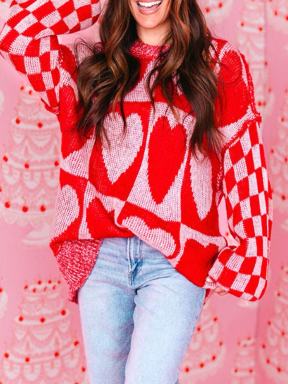 Heart Pattern Checkerboard Knit Sweater - Picture 2 of 6
